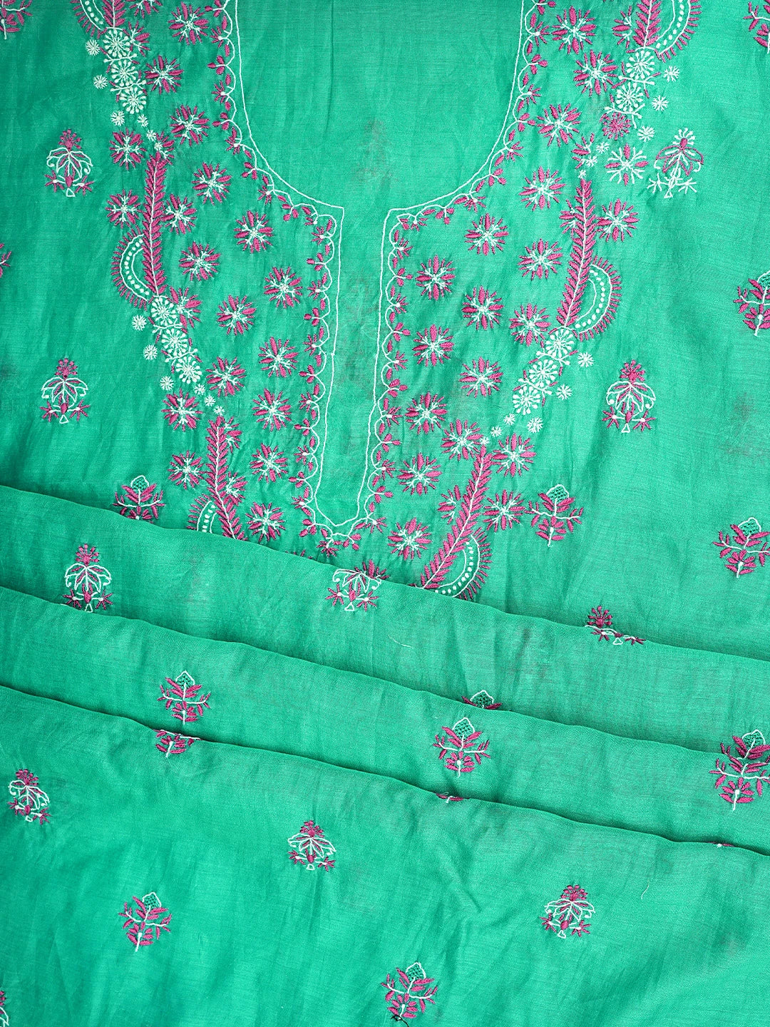 Ada Hand Embroidered Rama Green Chanderi Lucknowi Chikankari Kurta Dupatta Set 01A918349