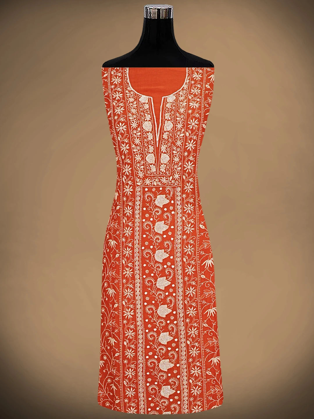 Ada Hand Embroidered Rust Chanderi Lucknowi Chikankari Unstitched Kurta Dupatta Set With Cutdana Work 01A922053