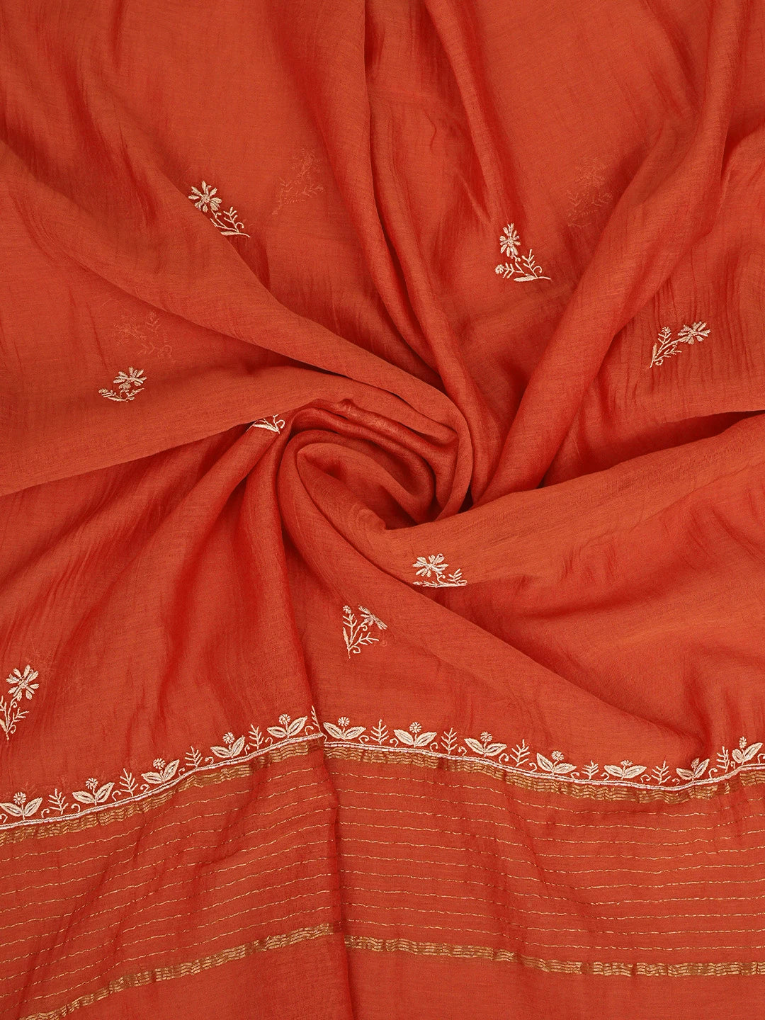 Ada Hand Embroidered Rust Chanderi Lucknowi Chikankari Unstitched Kurta Dupatta Set With Cutdana Work 01A922053