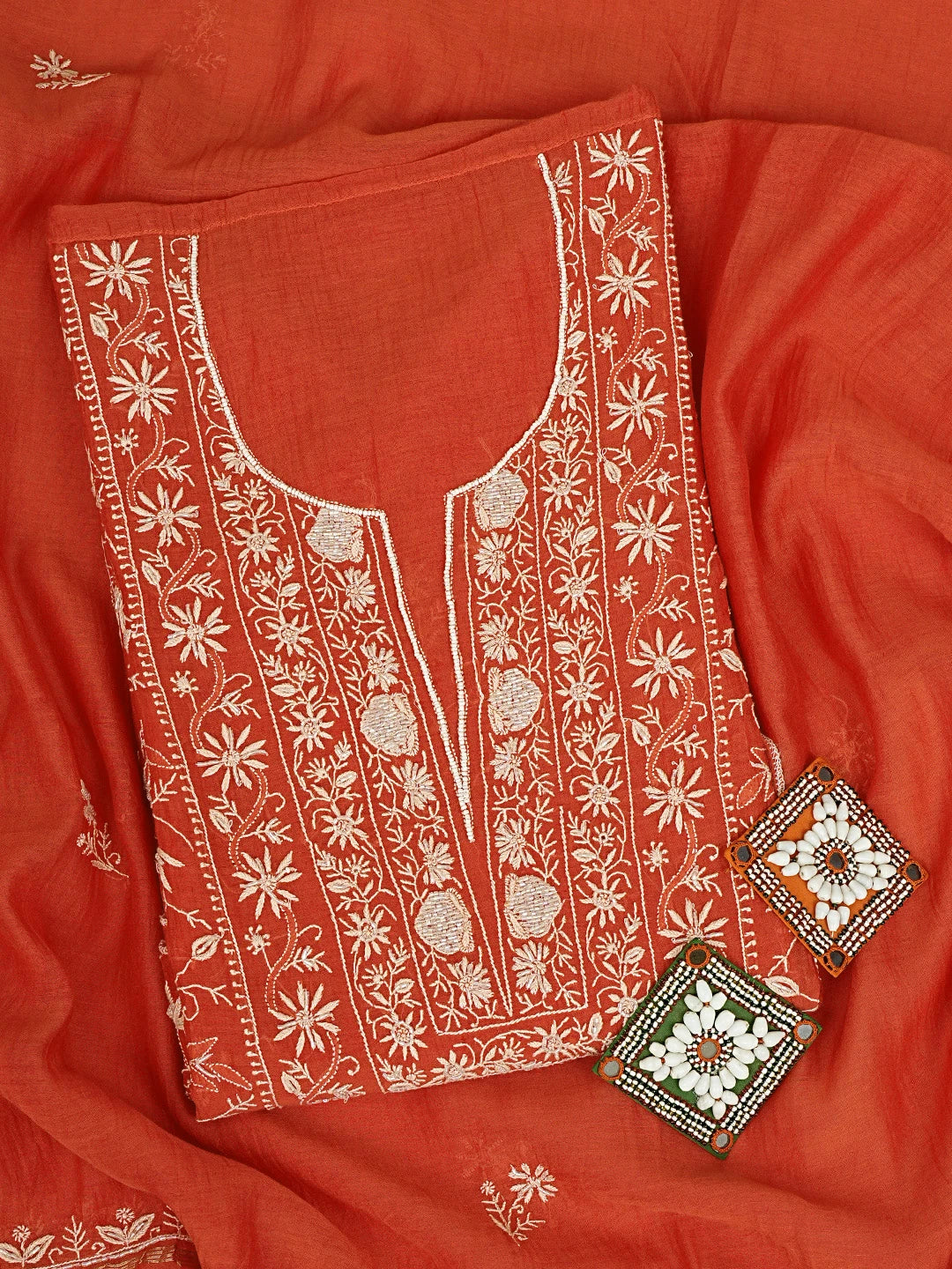Ada Hand Embroidered Rust Chanderi Lucknowi Chikankari Unstitched Kurta Dupatta Set With Cutdana Work 01A922053