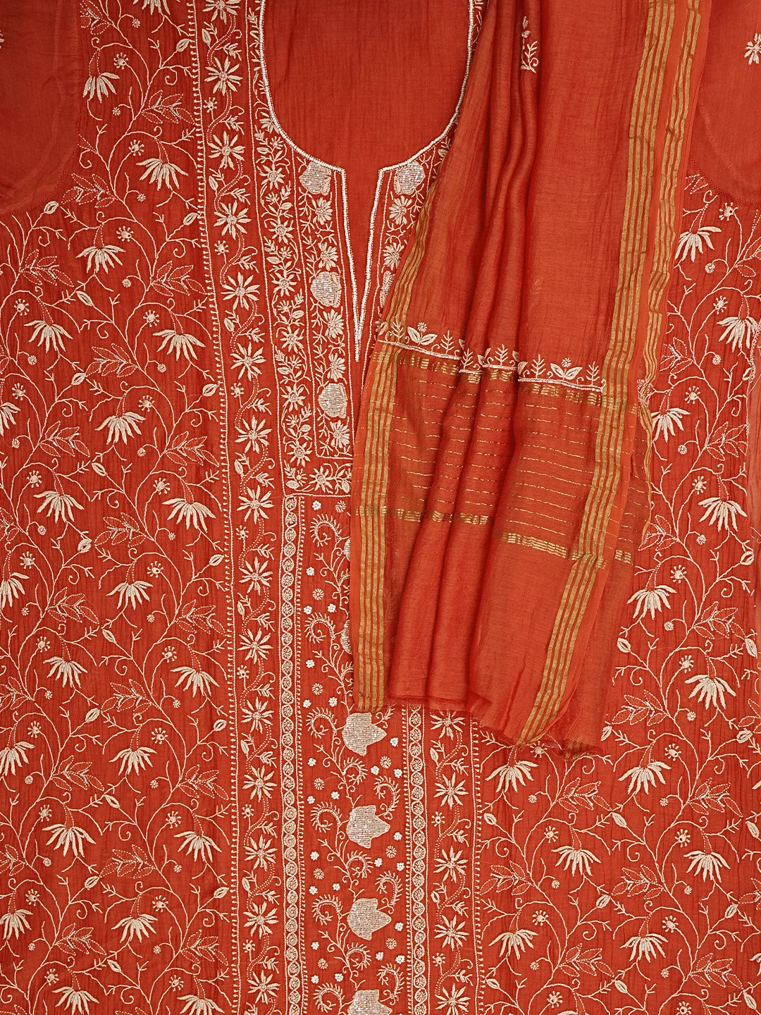 Ada Hand Embroidered Rust Chanderi Lucknowi Chikankari Unstitched Kurta Dupatta Set With Cutdana Work 01A922053