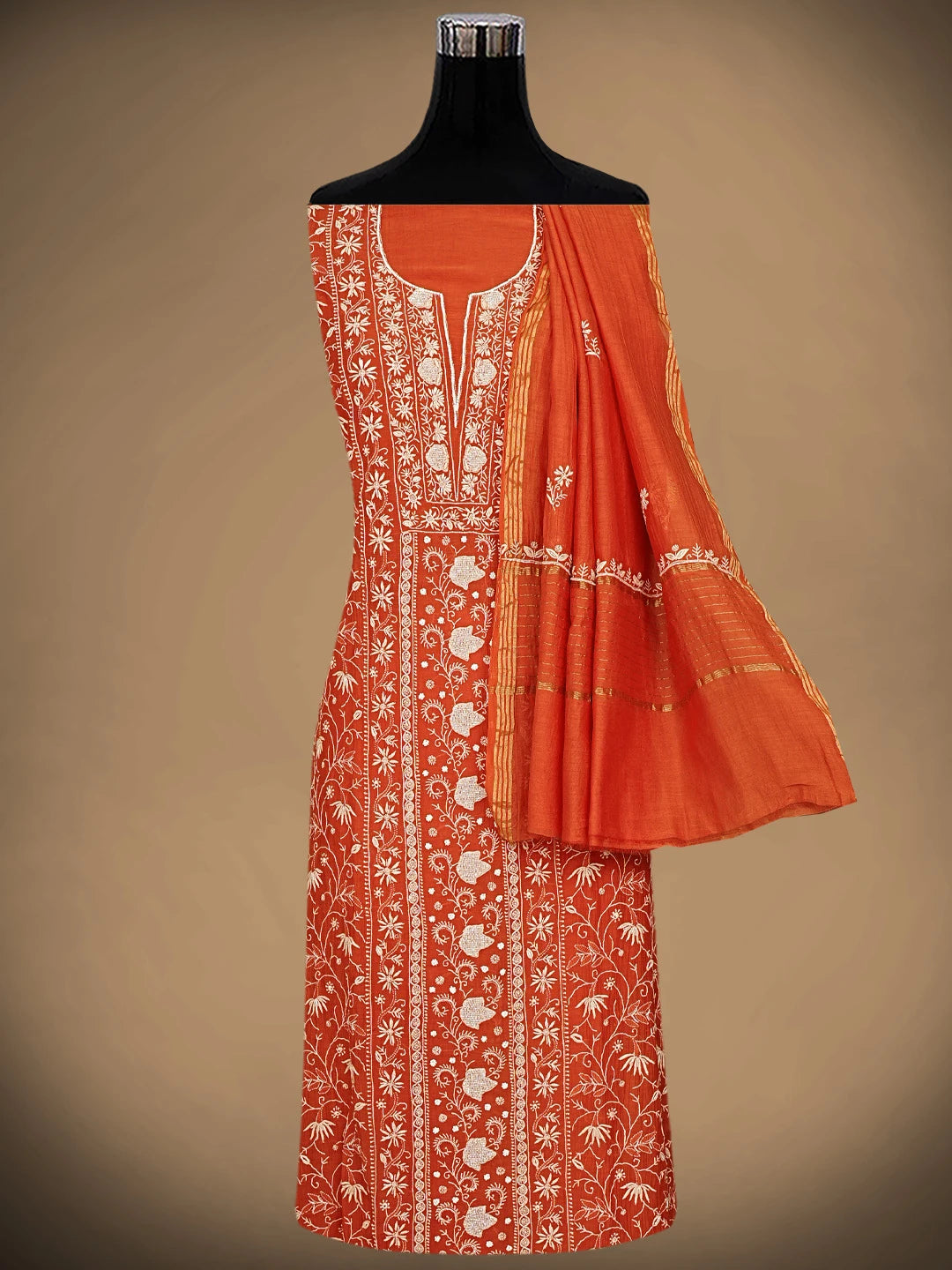 Ada Hand Embroidered Rust Chanderi Lucknowi Chikankari Unstitched Kurta Dupatta Set With Cutdana Work 01A922053