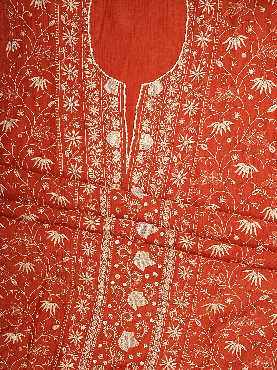 Ada Hand Embroidered Rust Chanderi Lucknowi Chikankari Unstitched Kurta Dupatta Set With Cutdana Work 01A922053