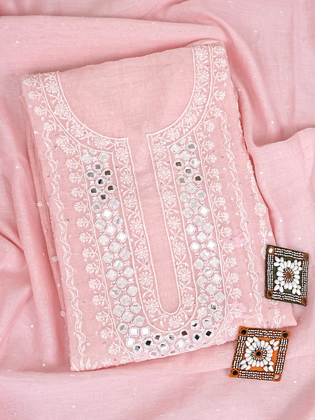Ada Hand Embroidered Cherry Blossom Pink Chanderi Lucknowi Chikankari  Semi-stitched Kurta Dupatta Set With Sequinned Work 01A896276