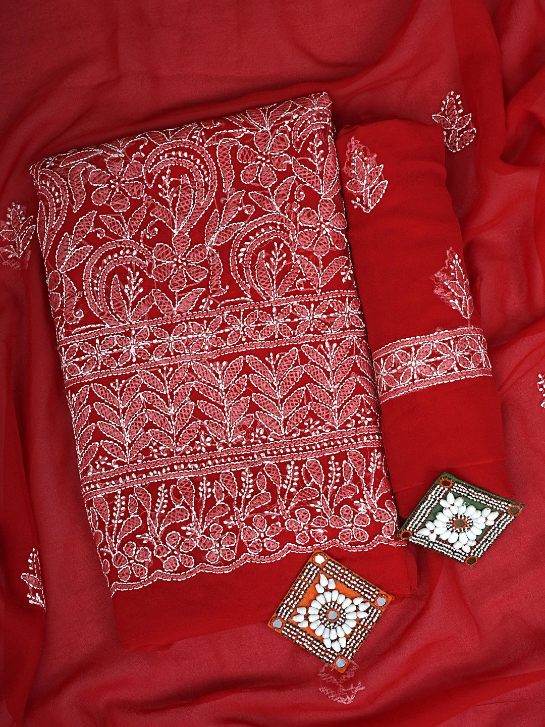 Ada Hand Embroidered Red Georgette Lucknowi Chikankari Unstitched Suit Piece 01A907703