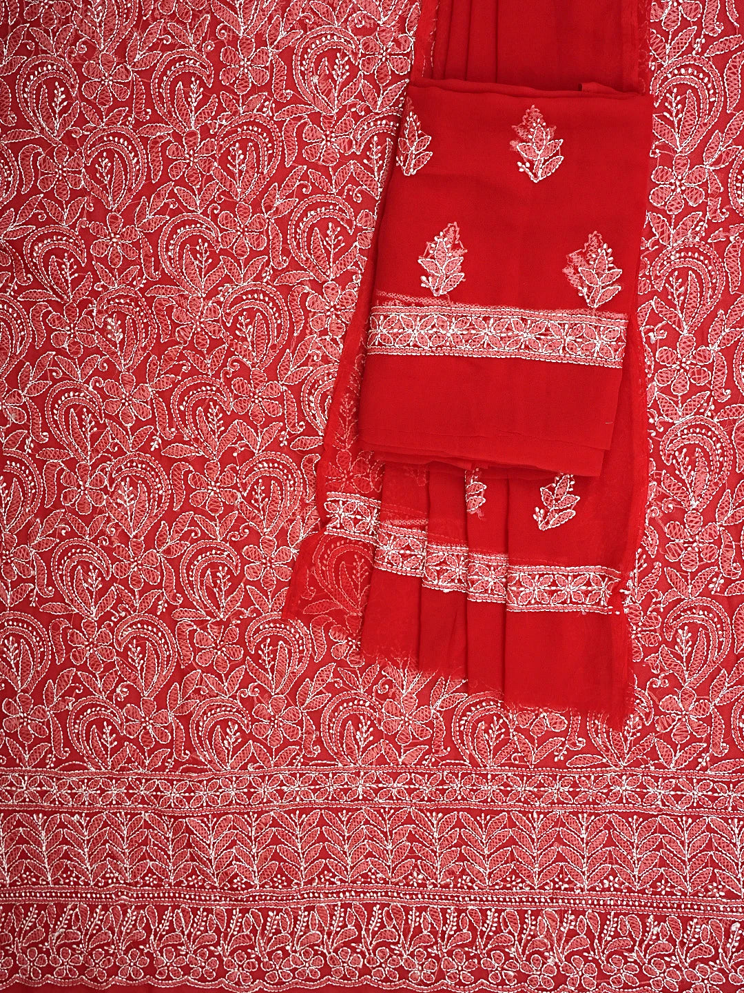Ada Hand Embroidered Red Georgette Lucknowi Chikankari Unstitched Suit Piece 01A907703