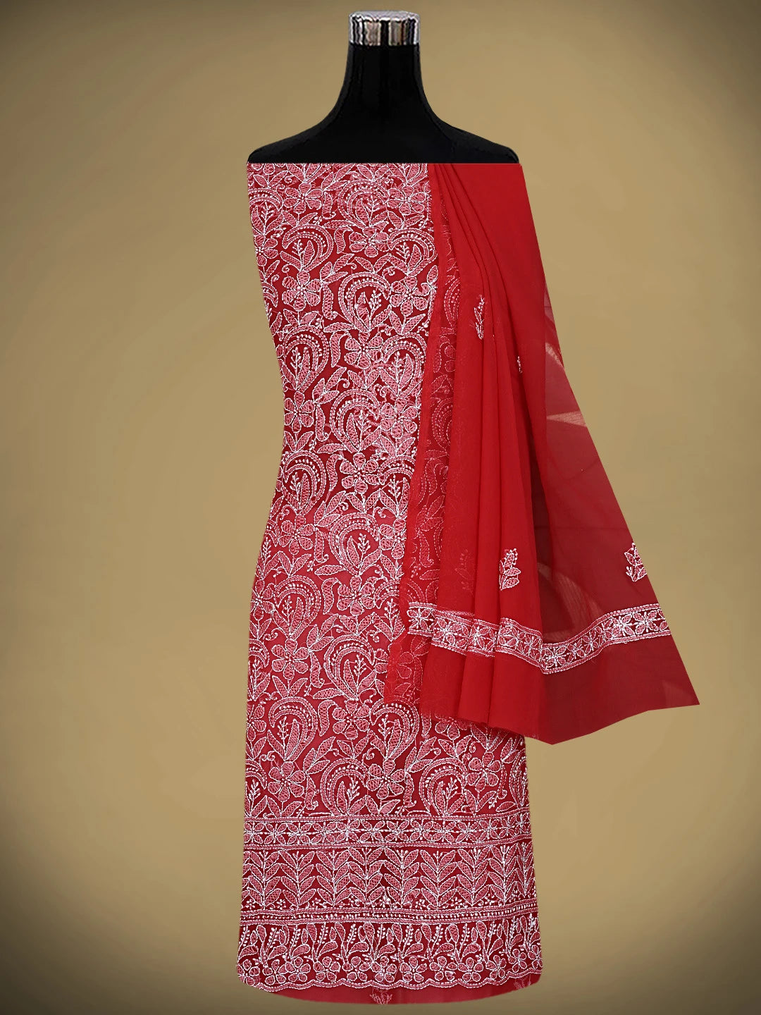 Ada Hand Embroidered Red Georgette Lucknowi Chikankari Unstitched Suit Piece 01A907703