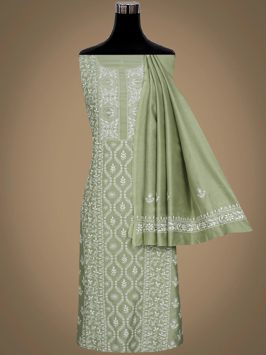 Ada Hand Embroidered Pista Green Chanderi Lucknowi Chikankari Unstitched Kurta Dupatta Set 01A932547