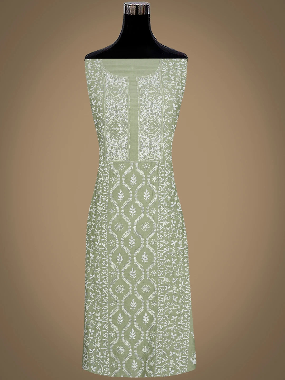 Ada Hand Embroidered Pista Green Chanderi Lucknowi Chikankari Unstitched Kurta Dupatta Set 01A932547