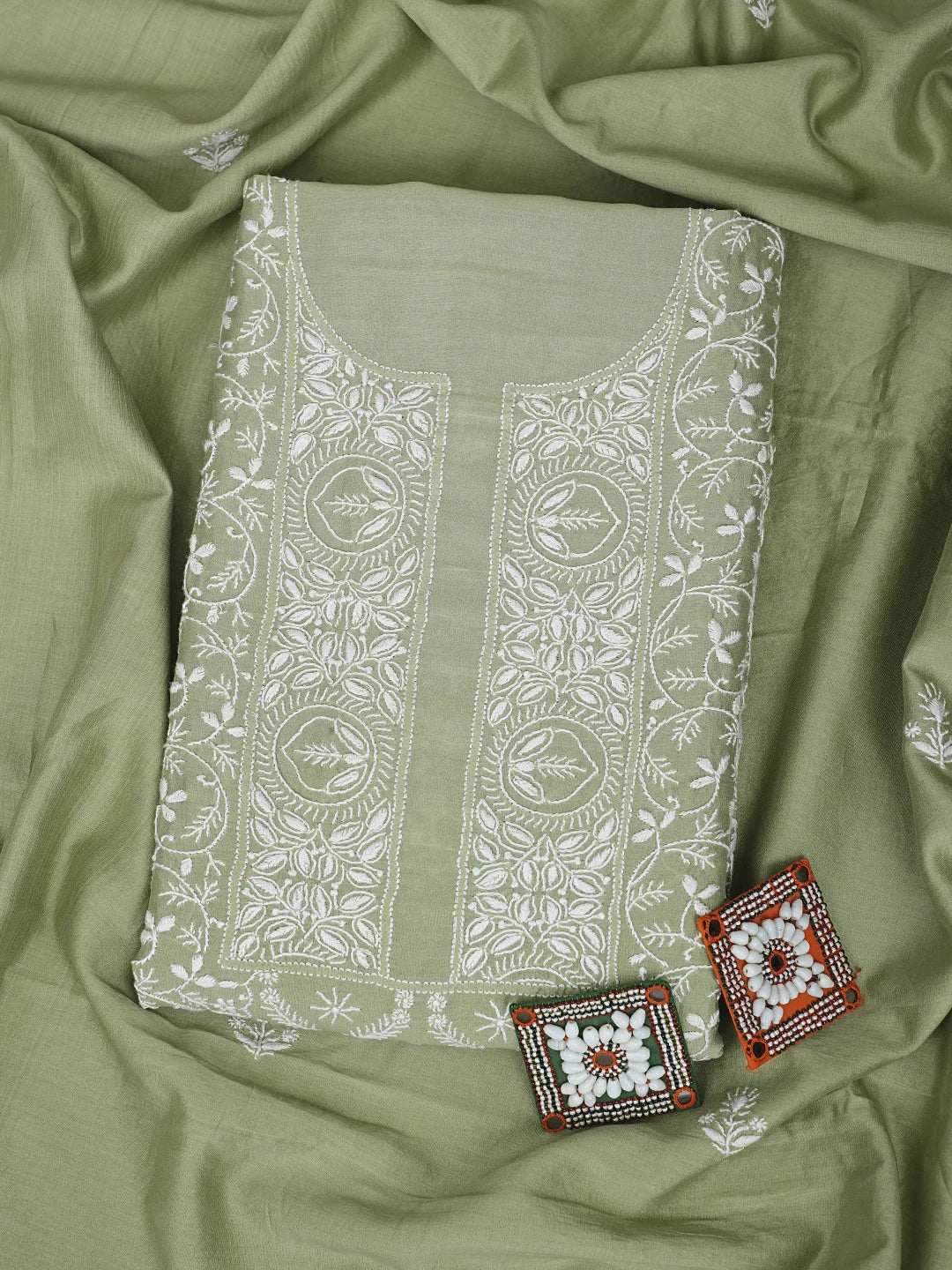 Ada Hand Embroidered Pista Green Chanderi Lucknowi Chikankari Unstitched Kurta Dupatta Set 01A932547