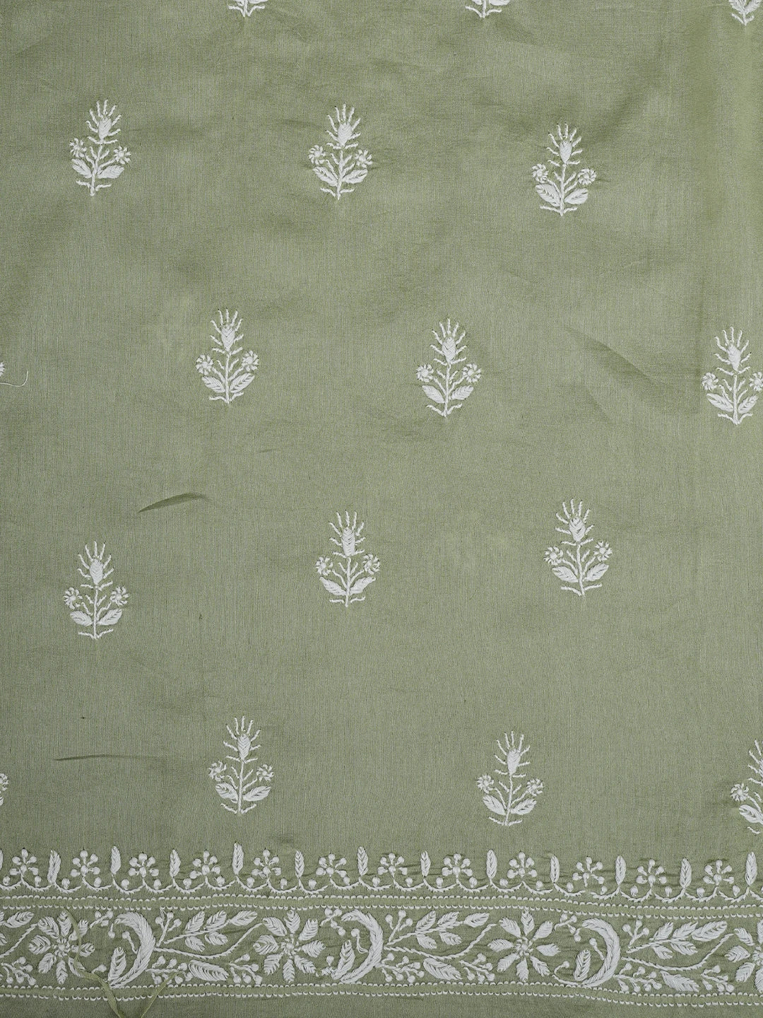 Ada Hand Embroidered Pista Green Chanderi Lucknowi Chikankari Unstitched Kurta Dupatta Set 01A932547
