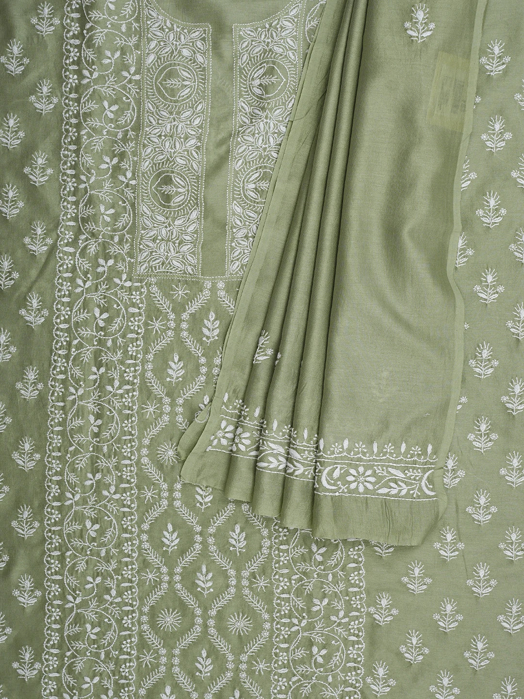 Ada Hand Embroidered Pista Green Chanderi Lucknowi Chikankari Unstitched Kurta Dupatta Set 01A932547