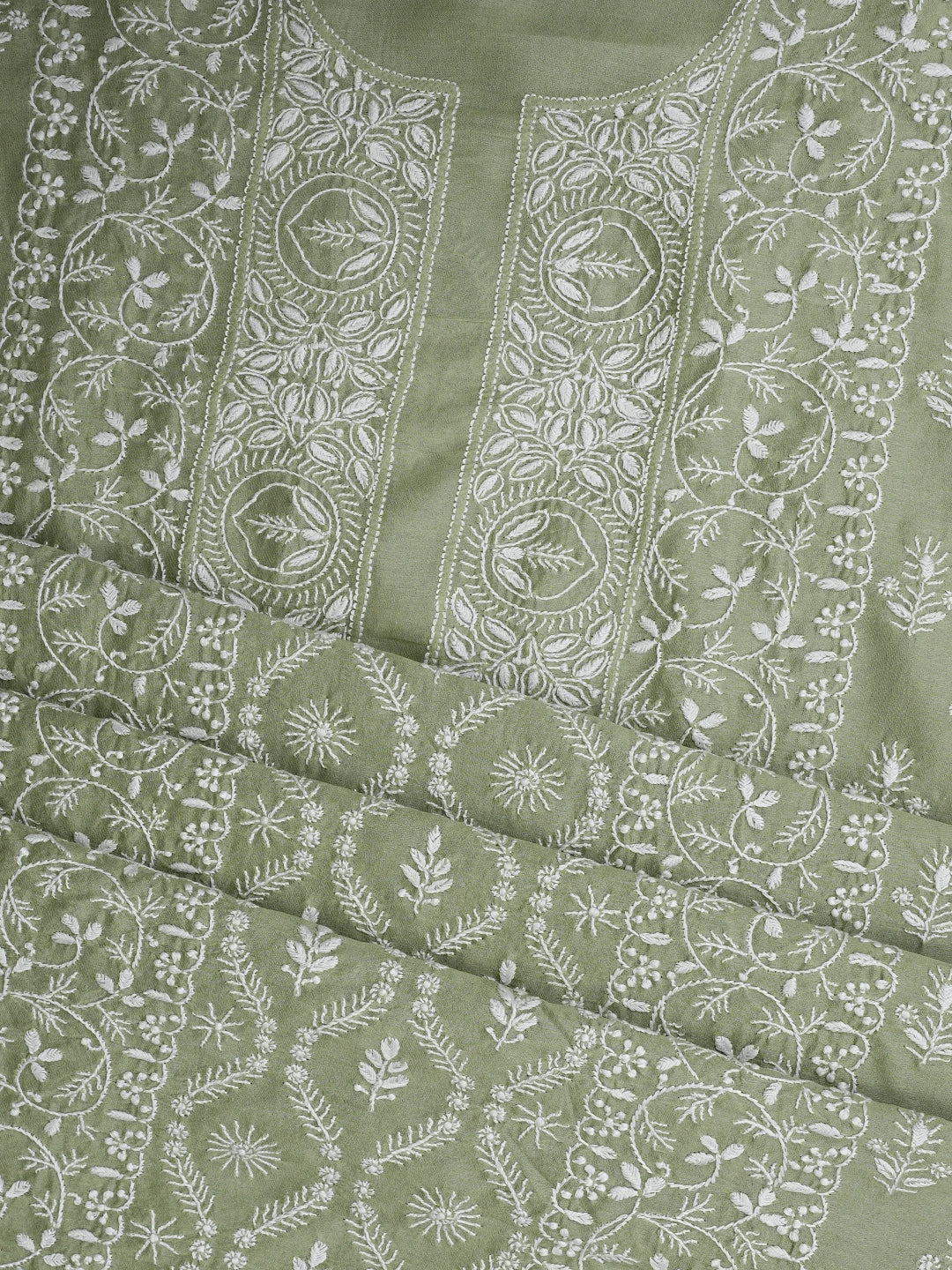 Ada Hand Embroidered Pista Green Chanderi Lucknowi Chikankari Unstitched Kurta Dupatta Set 01A932547