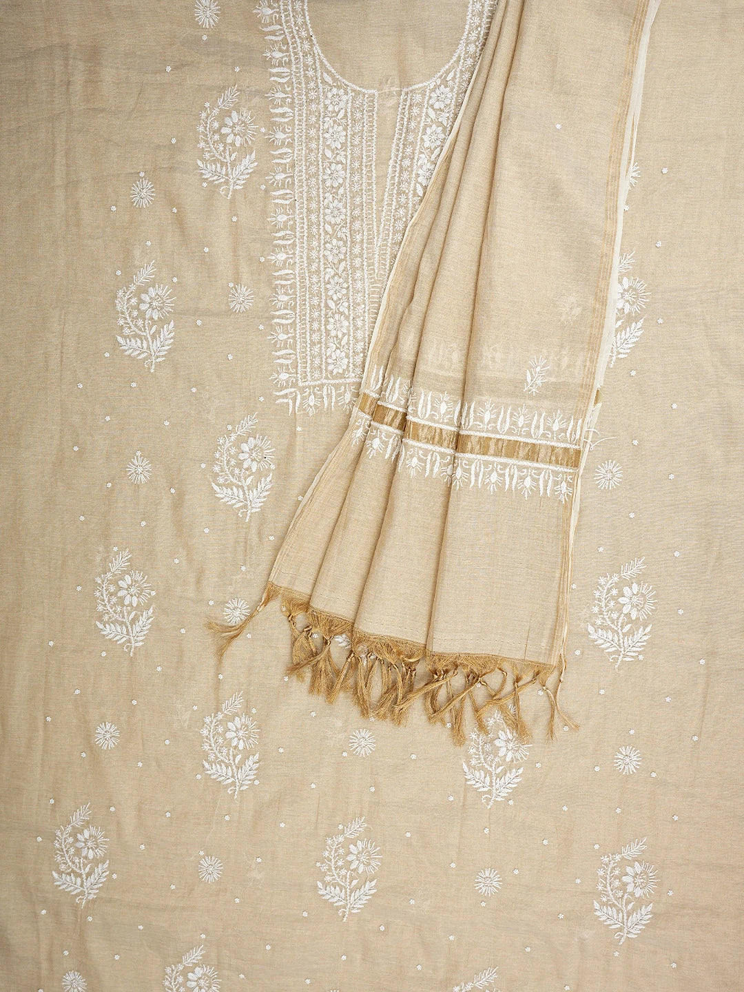 Ada Hand Embroidered Fawn Tissue Lucknowi Chikankari Unstitched Kurta Dupatta Set With Cutdana Work 01A932013