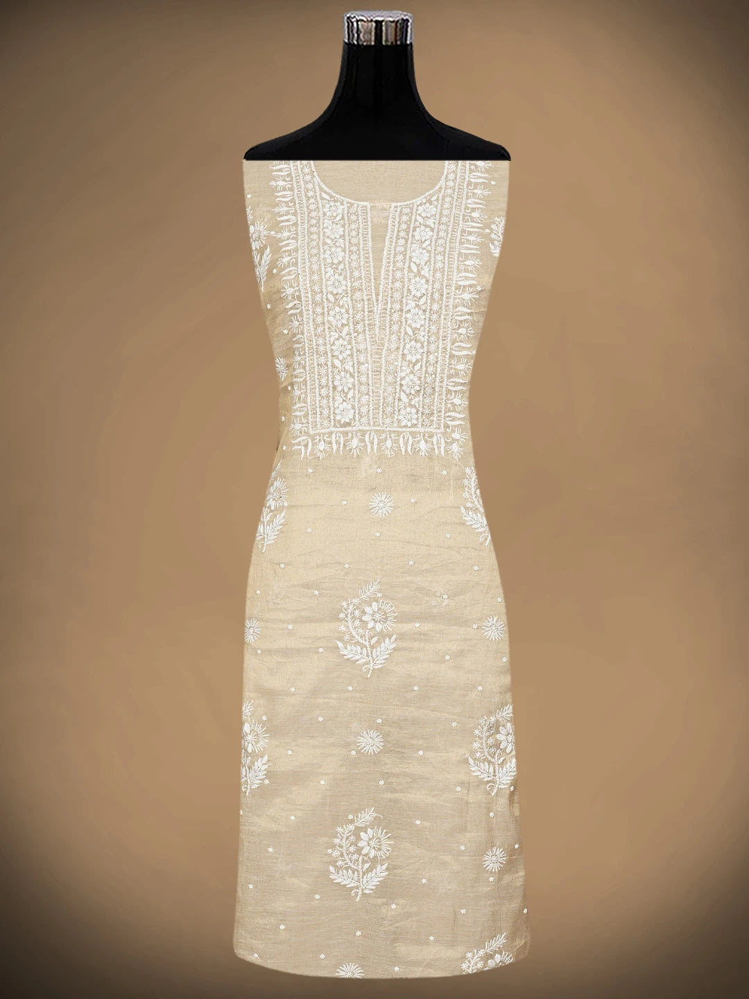 Ada Hand Embroidered Fawn Tissue Lucknowi Chikankari Unstitched Kurta Dupatta Set With Cutdana Work 01A932013