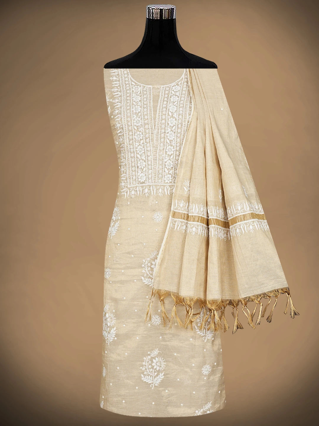Ada Hand Embroidered Fawn Tissue Lucknowi Chikankari Unstitched Kurta Dupatta Set With Cutdana Work 01A932013