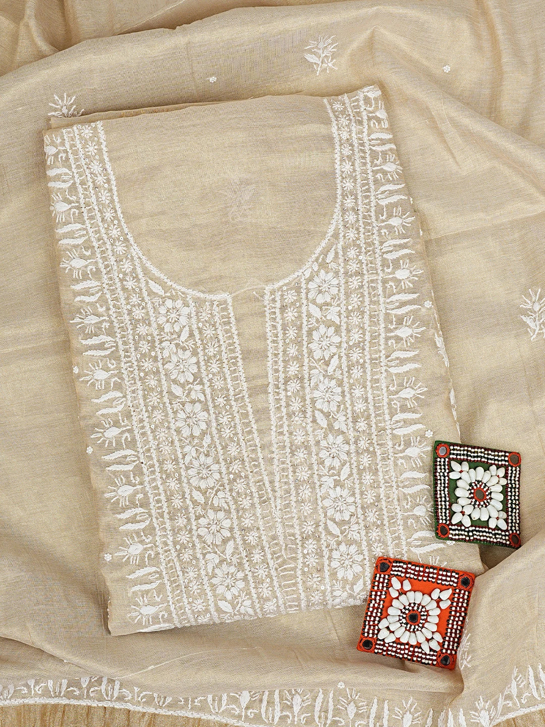 Ada Hand Embroidered Fawn Tissue Lucknowi Chikankari Unstitched Kurta Dupatta Set With Cutdana Work 01A932013