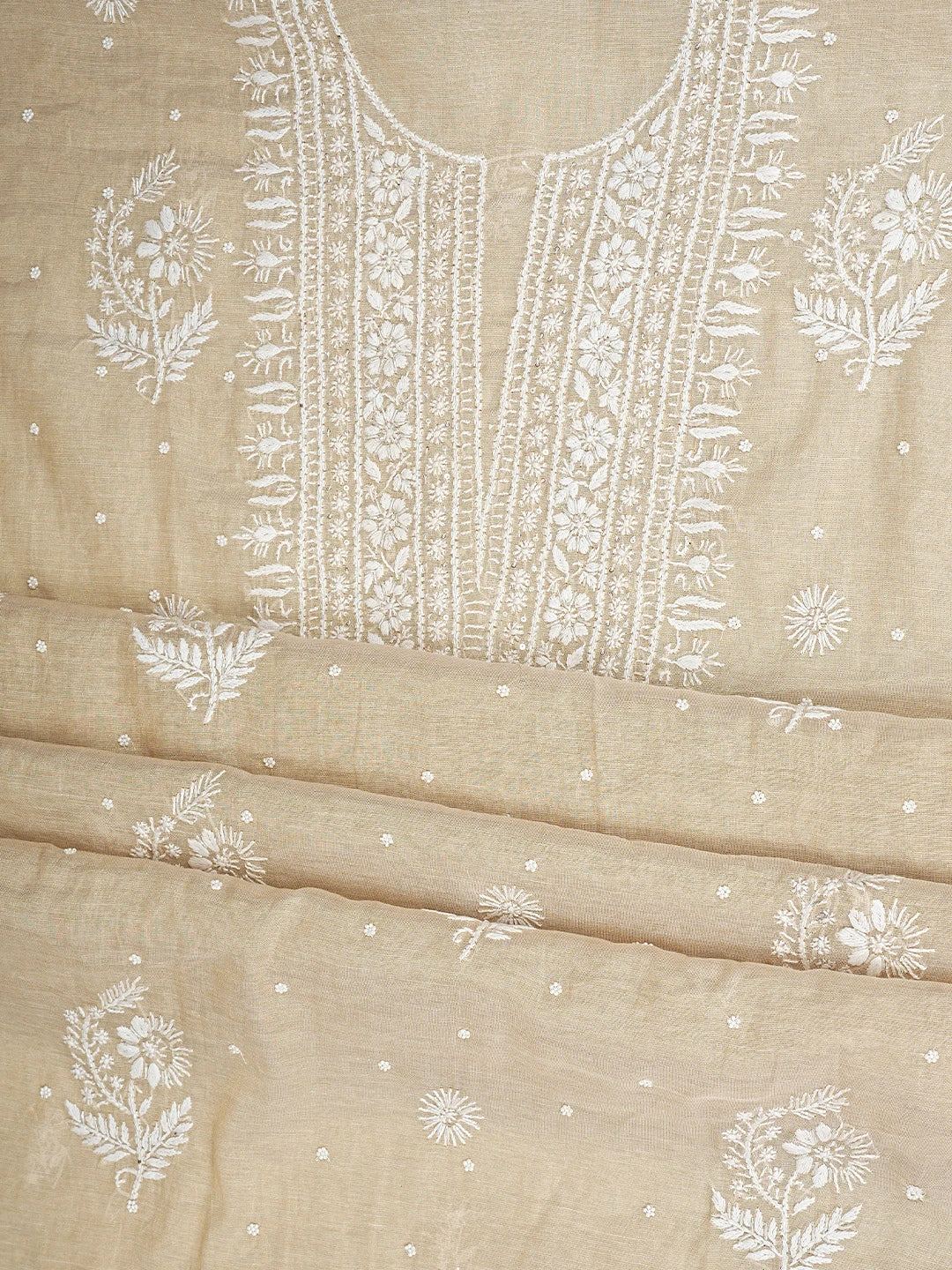 Ada Hand Embroidered Fawn Tissue Lucknowi Chikankari Unstitched Kurta Dupatta Set With Cutdana Work 01A932013