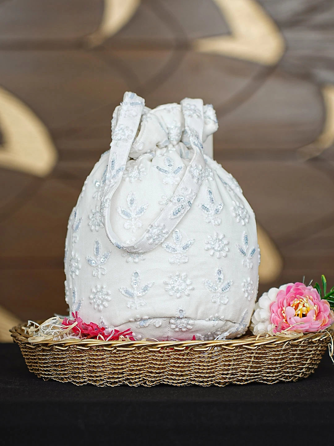 Ada Hand Embroidered White Viscose Georgette Lucknowi Chikankari Potli Bag With Cutdana Work 01A912809