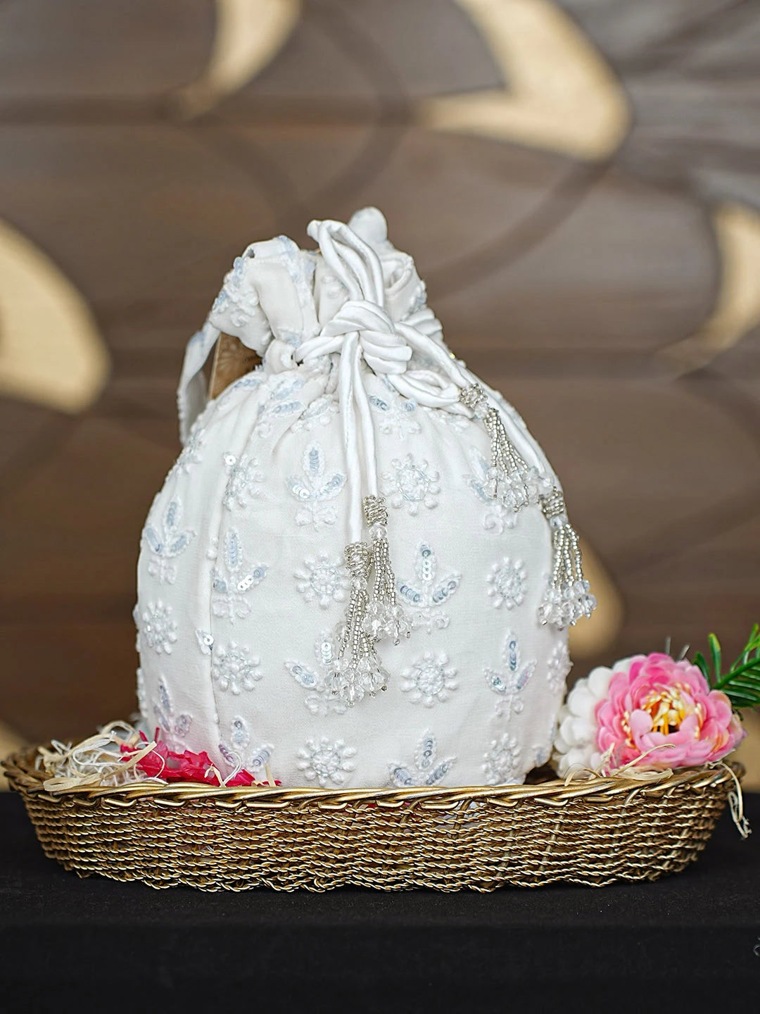 Ada Hand Embroidered White Viscose Georgette Lucknowi Chikankari Potli Bag With Cutdana Work 01A912809