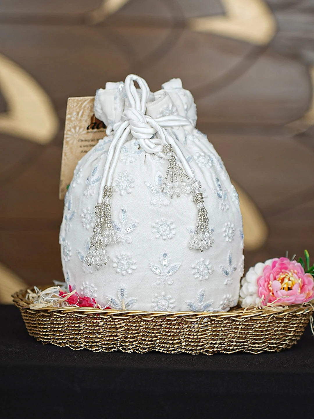 Ada Hand Embroidered White Viscose Georgette Lucknowi Chikankari Potli Bag With Cutdana Work 01A912809