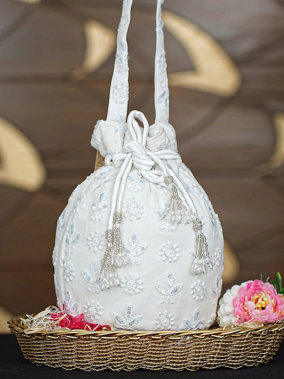 Ada Hand Embroidered White Viscose Georgette Lucknowi Chikankari Potli Bag With Cutdana Work 01A912809