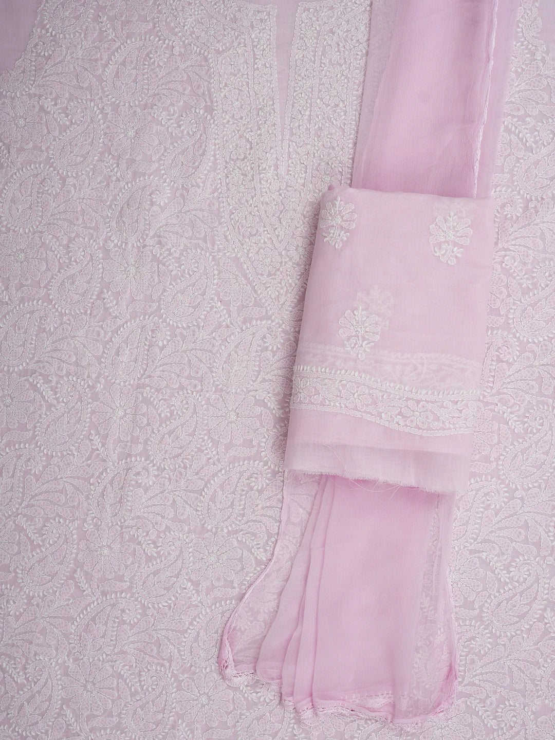 Ada Hand Embroidered Light Pink Cotton Lucknowi Chikankari Unstitched Suit Piece with Chiffon Dupatta 01A932473
