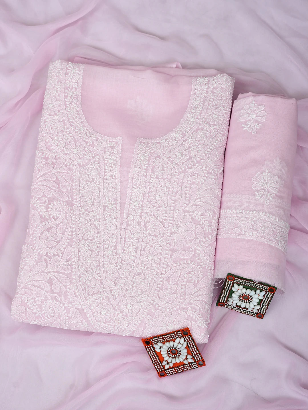 Ada Hand Embroidered Light Pink Cotton Lucknowi Chikankari Unstitched Suit Piece with Chiffon Dupatta 01A932473