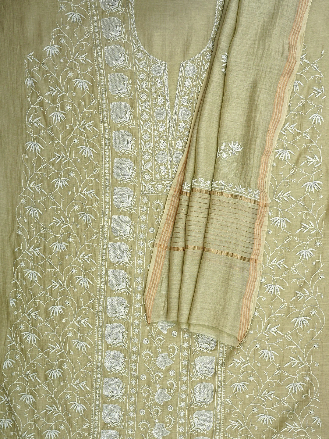 Ada Hand Embroidered Pista Green Chanderi Lucknowi Chikankari Unstitched Kurta Dupatta Set With Cutdana Work 01A922107