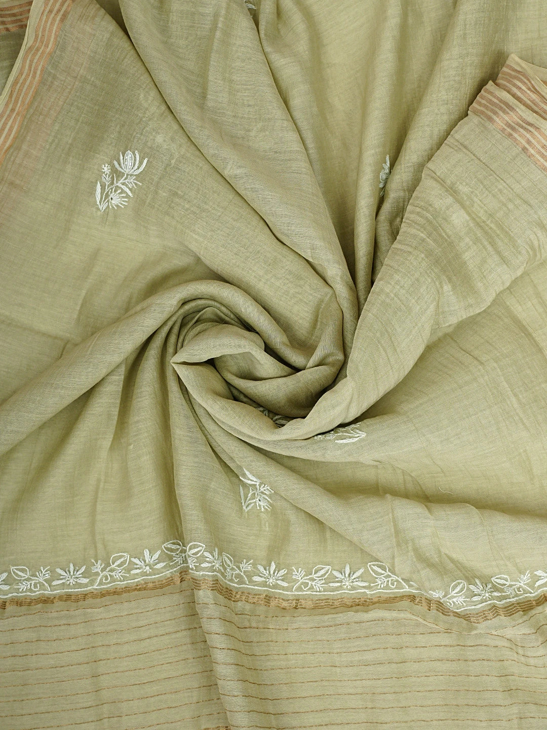 Ada Hand Embroidered Pista Green Chanderi Lucknowi Chikankari Unstitched Kurta Dupatta Set With Cutdana Work 01A922107