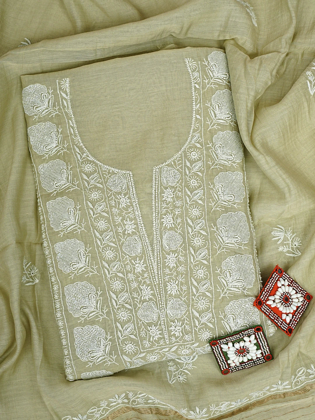 Ada Hand Embroidered Pista Green Chanderi Lucknowi Chikankari Unstitched Kurta Dupatta Set With Cutdana Work 01A922107