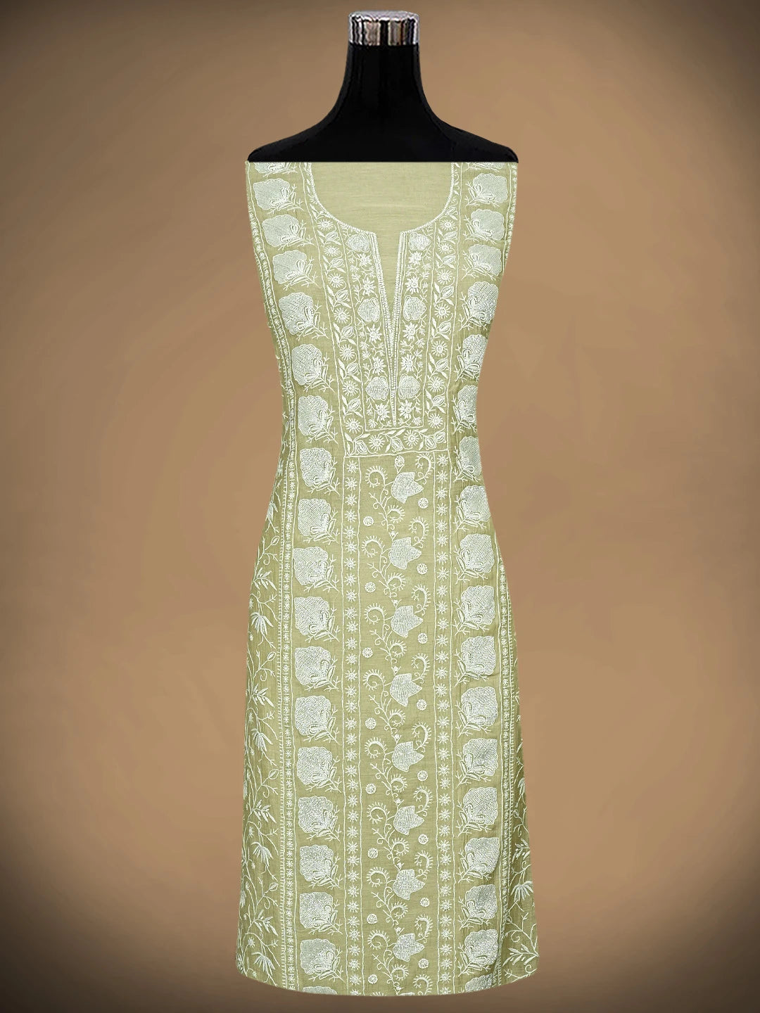 Ada Hand Embroidered Pista Green Chanderi Lucknowi Chikankari Unstitched Kurta Dupatta Set With Cutdana Work 01A922107