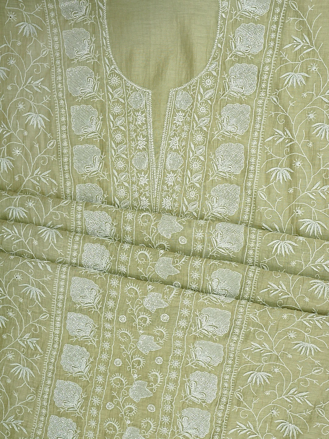 Ada Hand Embroidered Pista Green Chanderi Lucknowi Chikankari Unstitched Kurta Dupatta Set With Cutdana Work 01A922107
