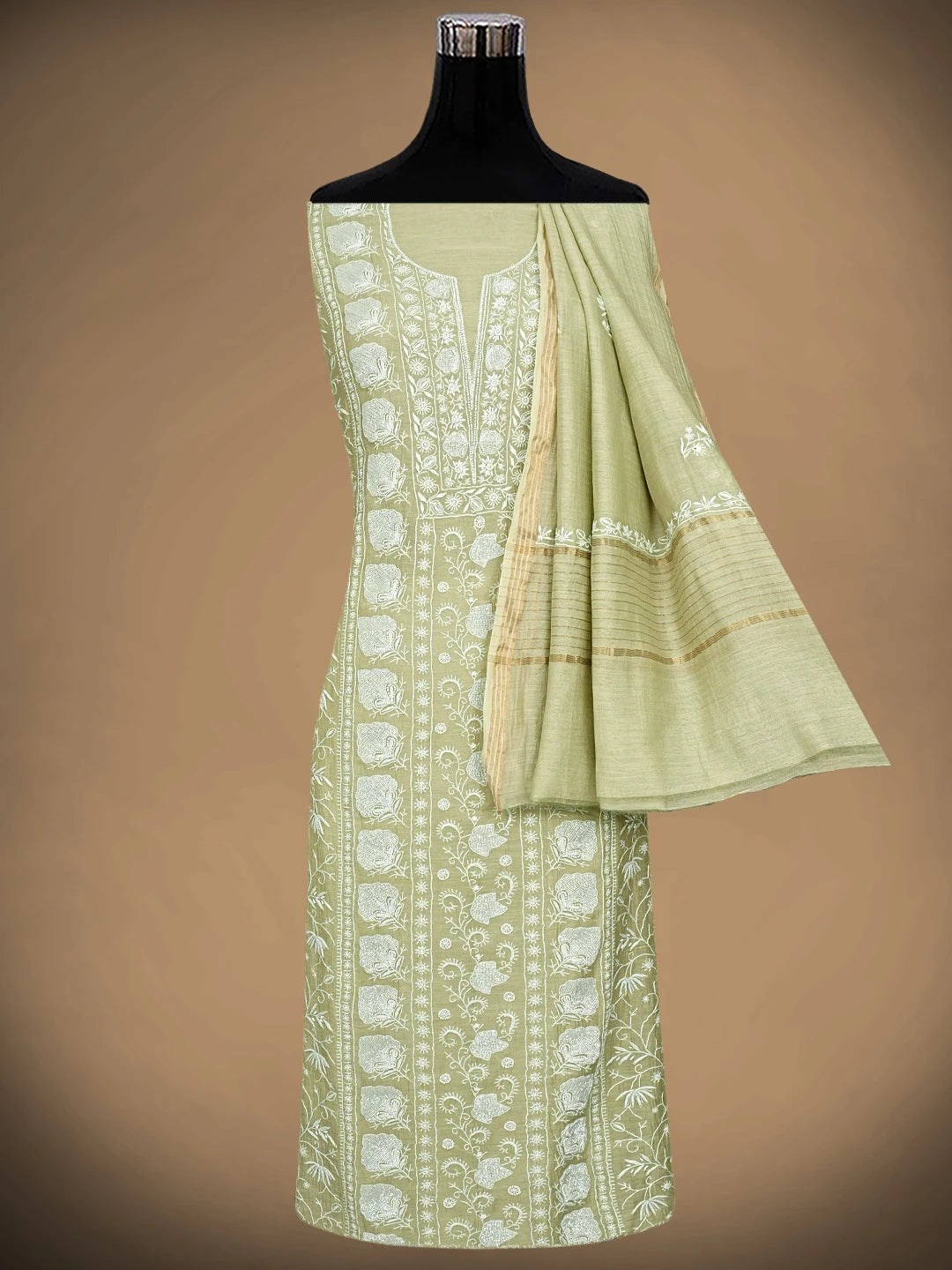 Ada Hand Embroidered Pista Green Chanderi Lucknowi Chikankari Unstitched Kurta Dupatta Set With Cutdana Work 01A922107