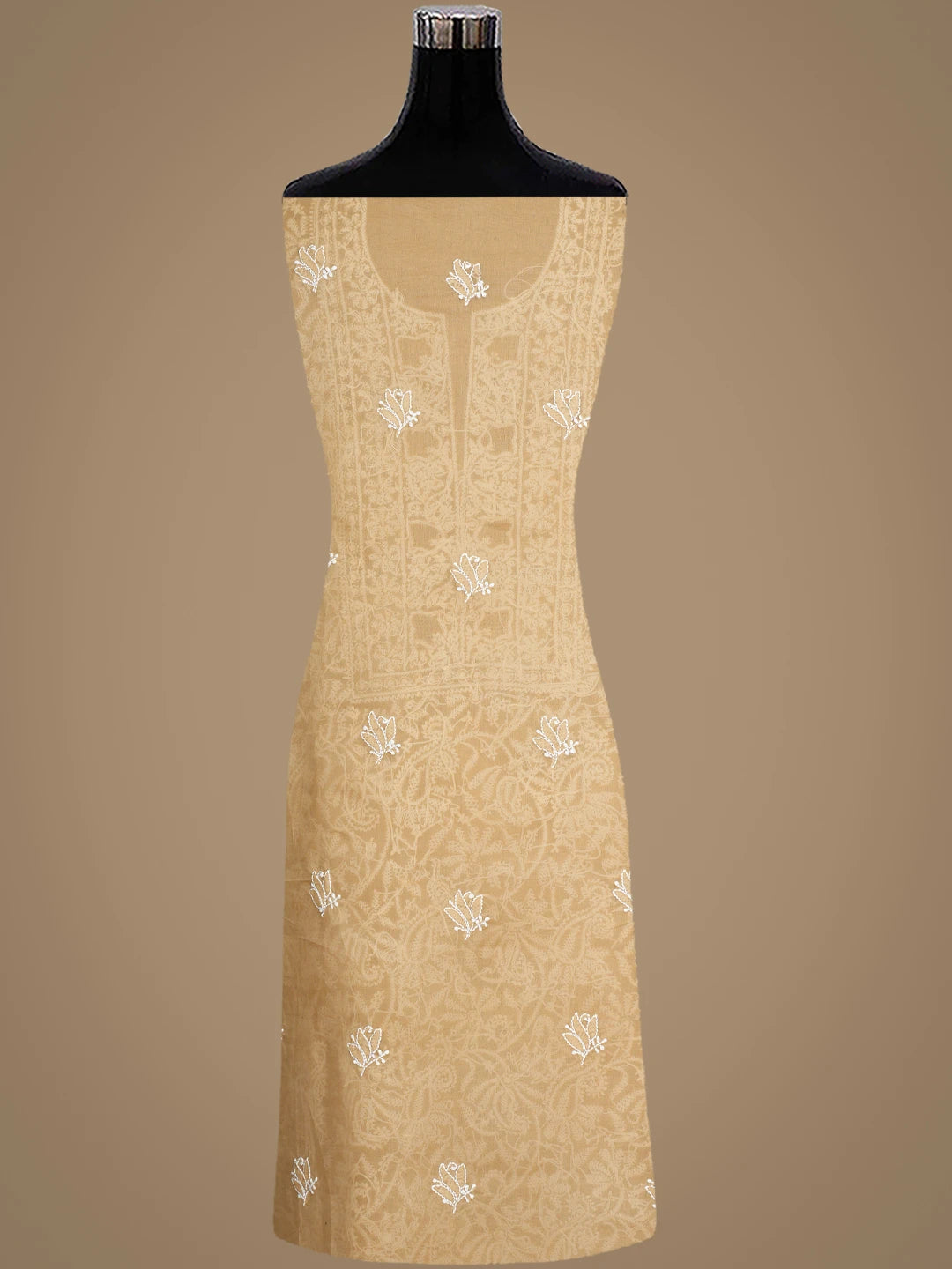 Ada Hand Embroidered Fawn Cotton Lucknowi Chikankari Unstitched Suit Piece with Chiffon Dupatta 01A932477