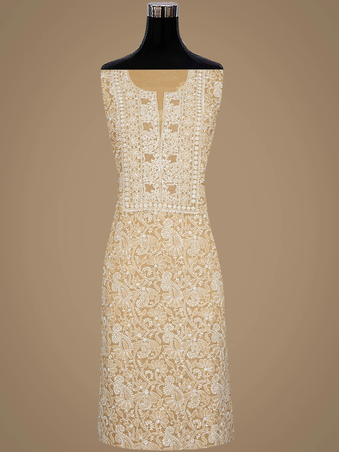 Ada Hand Embroidered Fawn Cotton Lucknowi Chikankari Unstitched Suit Piece with Chiffon Dupatta 01A932477