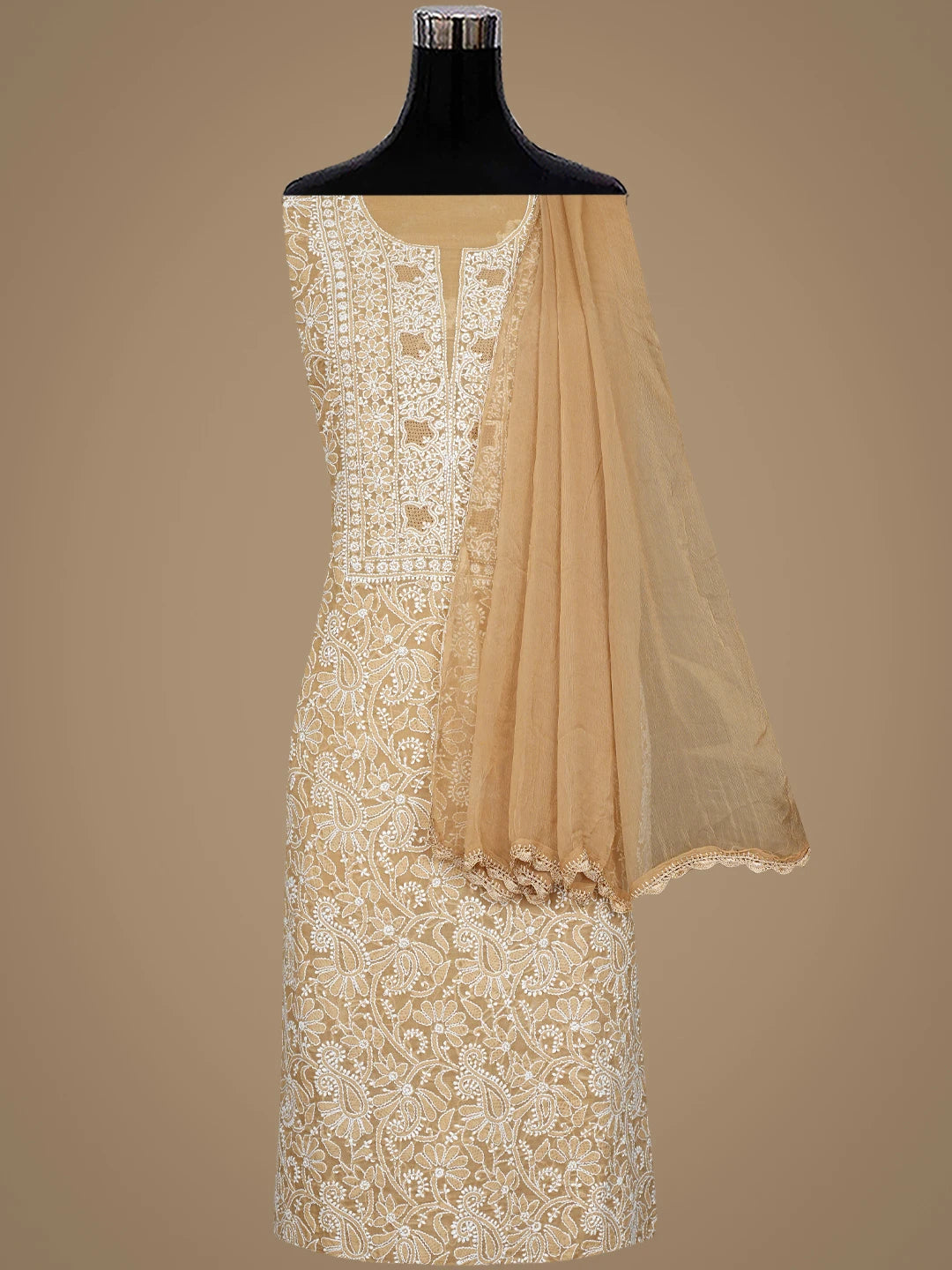 Ada Hand Embroidered Fawn Cotton Lucknowi Chikankari Unstitched Suit Piece with Chiffon Dupatta 01A932477