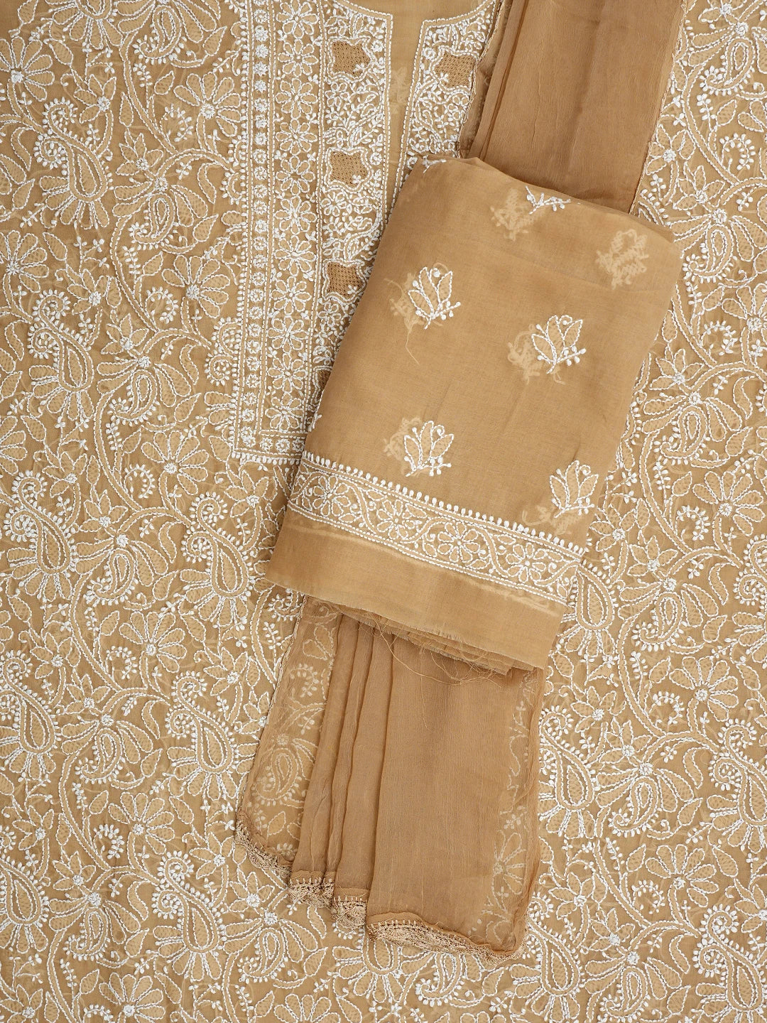 Ada Hand Embroidered Fawn Cotton Lucknowi Chikankari Unstitched Suit Piece with Chiffon Dupatta 01A932477