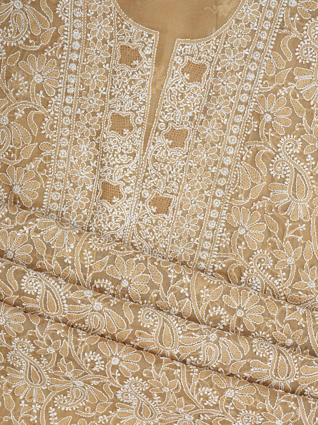 Ada Hand Embroidered Fawn Cotton Lucknowi Chikankari Unstitched Suit Piece with Chiffon Dupatta 01A932477