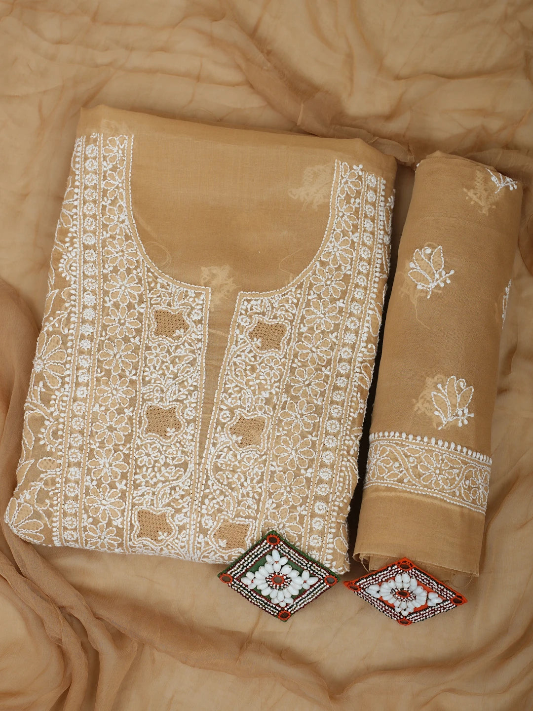 Ada Hand Embroidered Fawn Cotton Lucknowi Chikankari Unstitched Suit Piece with Chiffon Dupatta 01A932477