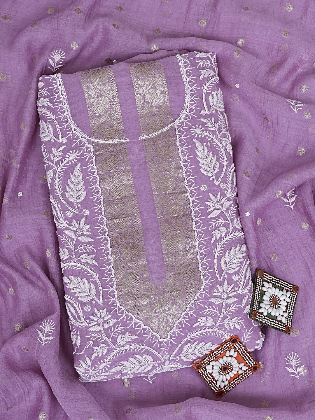 Ada Hand Embroidered Mauve Chanderi Lucknowi Chikankari Unstitched Kurta Dupatta Set With Sequinned Work 01A898252