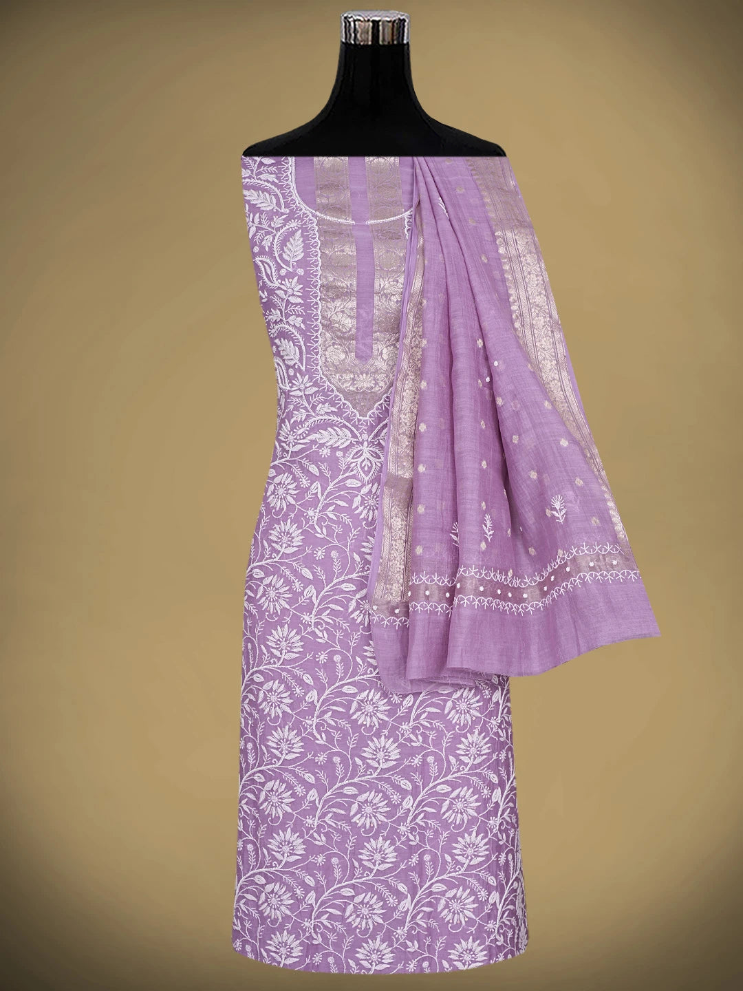Ada Hand Embroidered Mauve Chanderi Lucknowi Chikankari Unstitched Kurta Dupatta Set With Sequinned Work 01A898252
