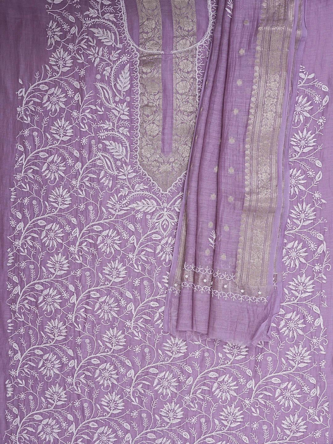 Ada Hand Embroidered Mauve Chanderi Lucknowi Chikankari Unstitched Kurta Dupatta Set With Sequinned Work 01A898252