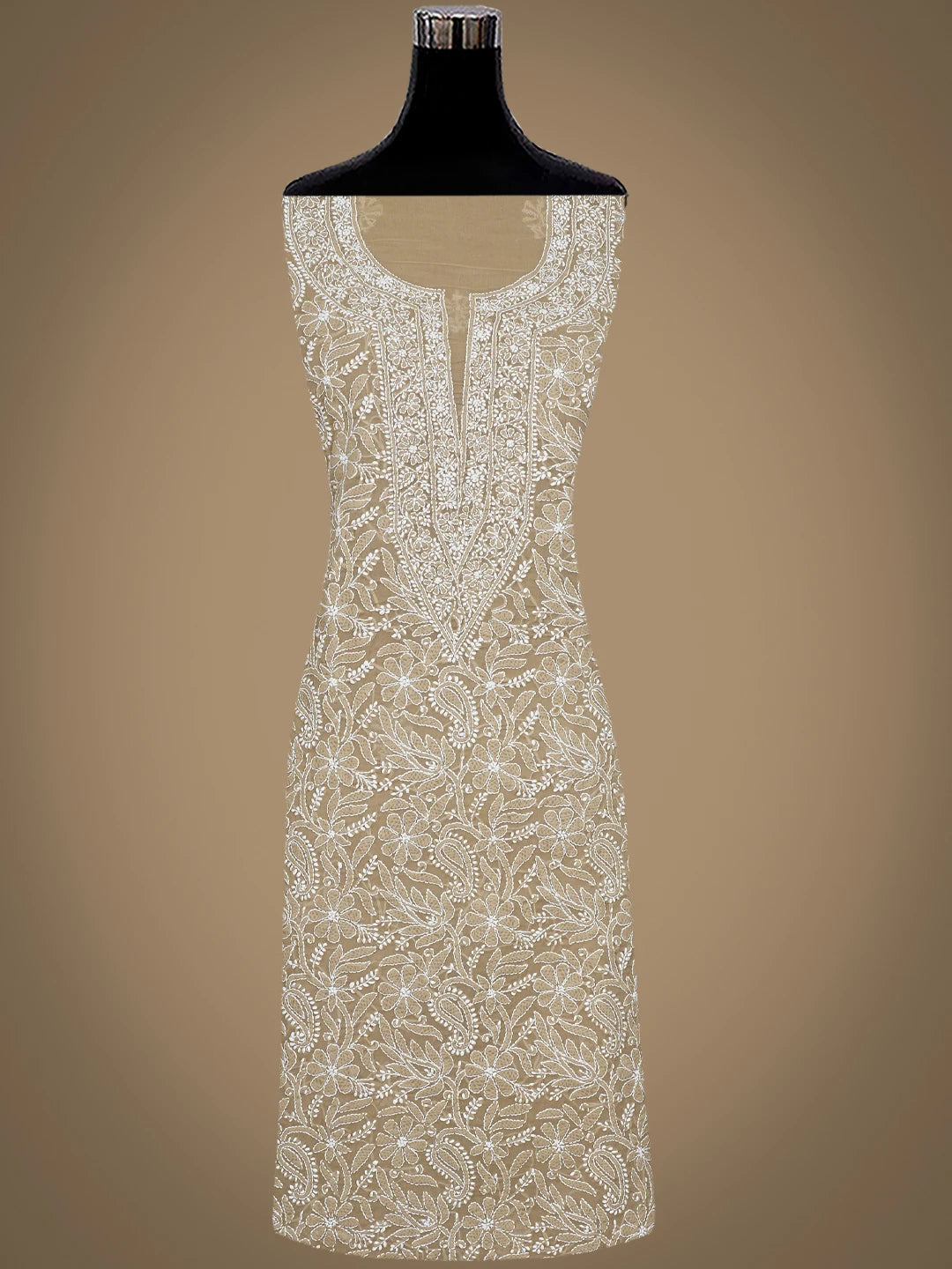 Ada Hand Embroidered Light Fawn Cotton Lucknowi Chikankari Unstitched Suit Piece with Chiffon Dupatta 01A932476