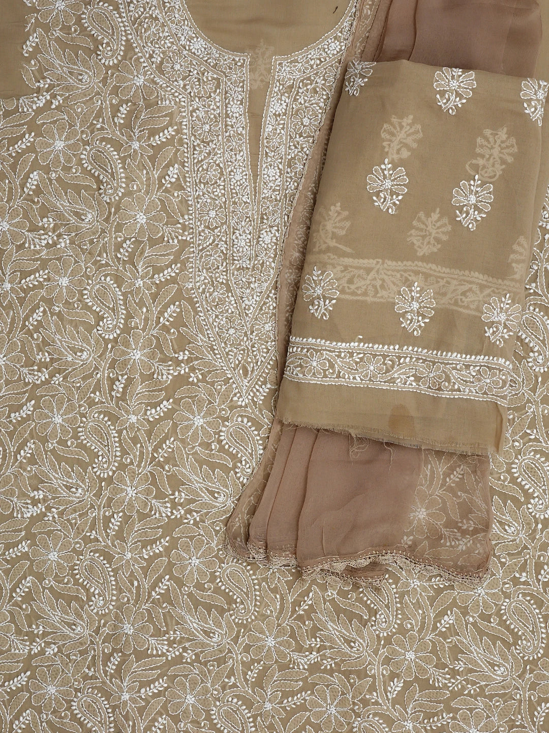 Ada Hand Embroidered Light Fawn Cotton Lucknowi Chikankari Unstitched Suit Piece with Chiffon Dupatta 01A932476