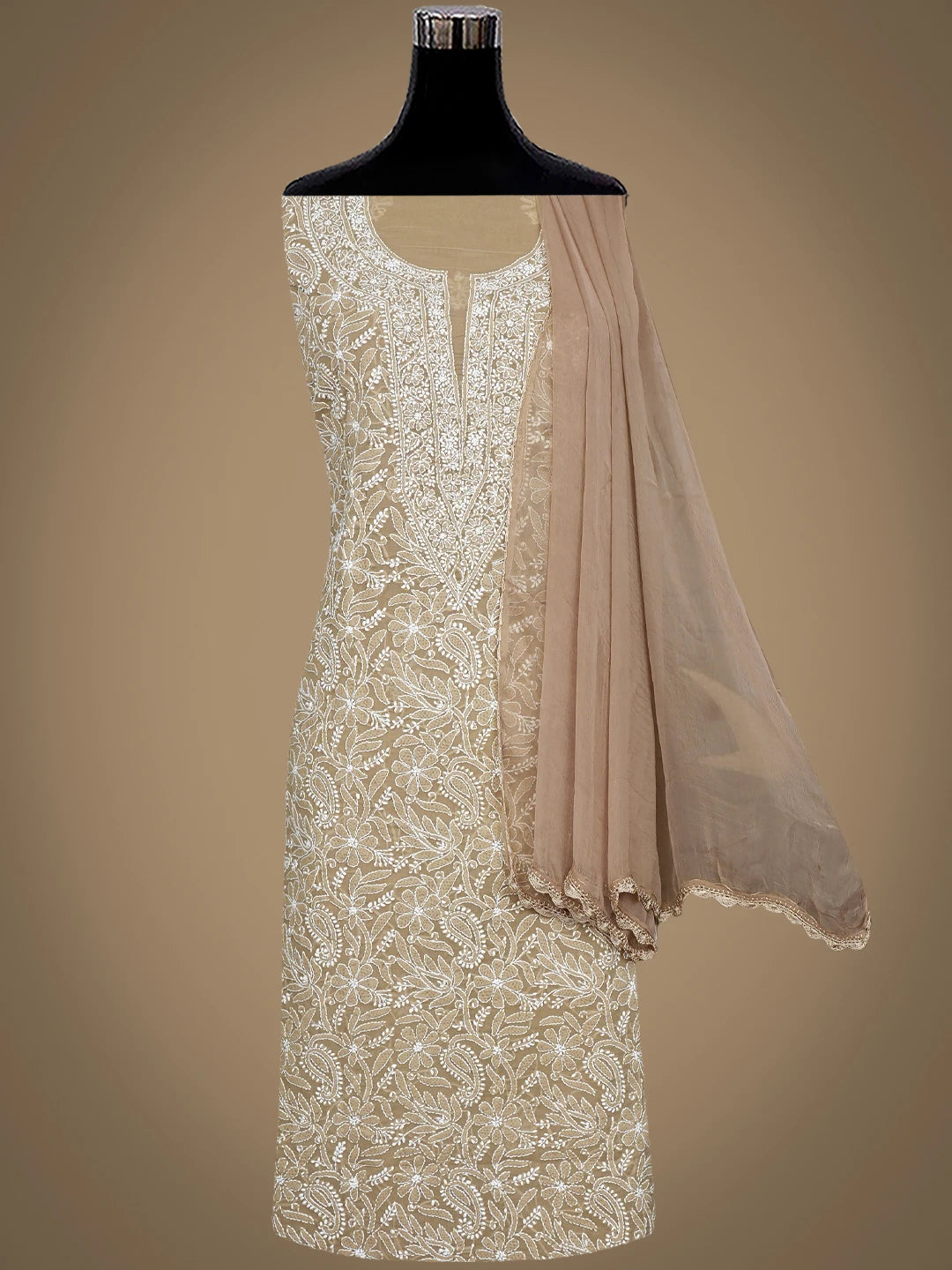 Ada Hand Embroidered Light Fawn Cotton Lucknowi Chikankari Unstitched Suit Piece with Chiffon Dupatta 01A932476