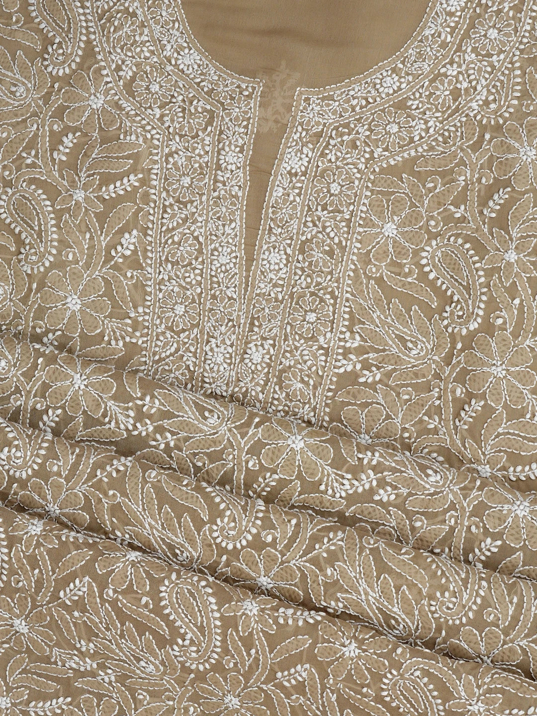 Ada Hand Embroidered Light Fawn Cotton Lucknowi Chikankari Unstitched Suit Piece with Chiffon Dupatta 01A932476