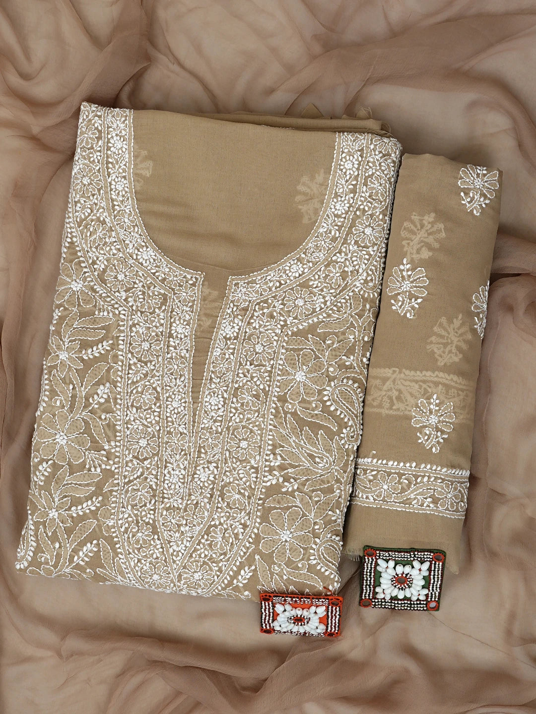 Ada Hand Embroidered Light Fawn Cotton Lucknowi Chikankari Unstitched Suit Piece with Chiffon Dupatta 01A932476