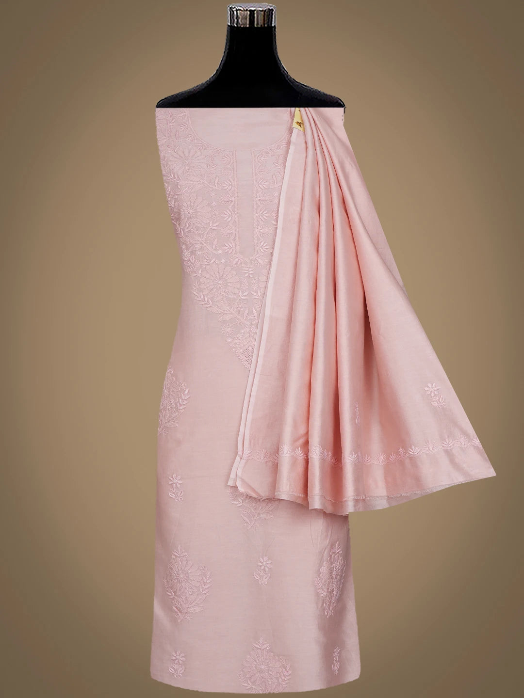 Ada Hand Embroidered Peach Chanderi Lucknowi Chikankari Unstitched Kurta Dupatta Set 01A932538