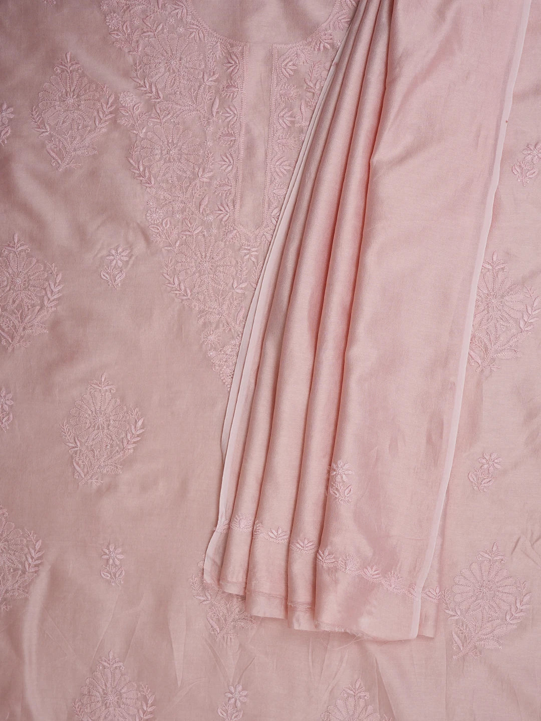 Ada Hand Embroidered Peach Chanderi Lucknowi Chikankari Unstitched Kurta Dupatta Set 01A932538
